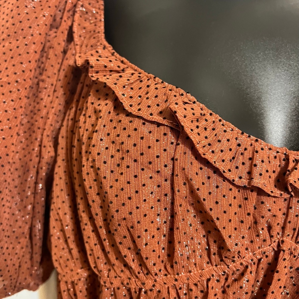 By The River Brown Polka Dot Puff Sleeve Dress Small Smocked Back - Picture 9 of 12